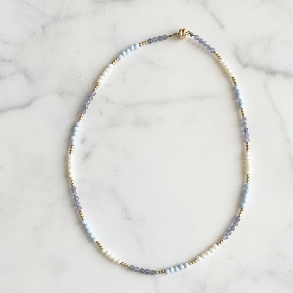 💎 Custom Handmade Beaded Choker Necklace - Pearl, Gold, & Purple Cat's Eye